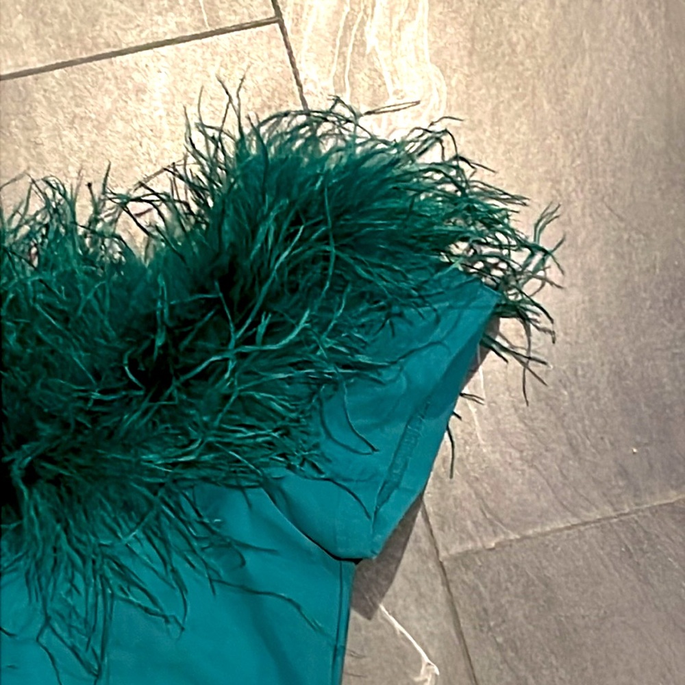 AKIRA Size 1X NWT Cold Shoulder Mesh Dress with Feather Detailing Emerald Green - Picture 6 of 10